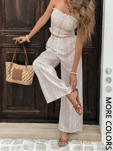 2-Piece Women's Strapless Crop Top and Wide Leg Pants Set, Casual Summer Beach Vacation for Dates & Relaxation
