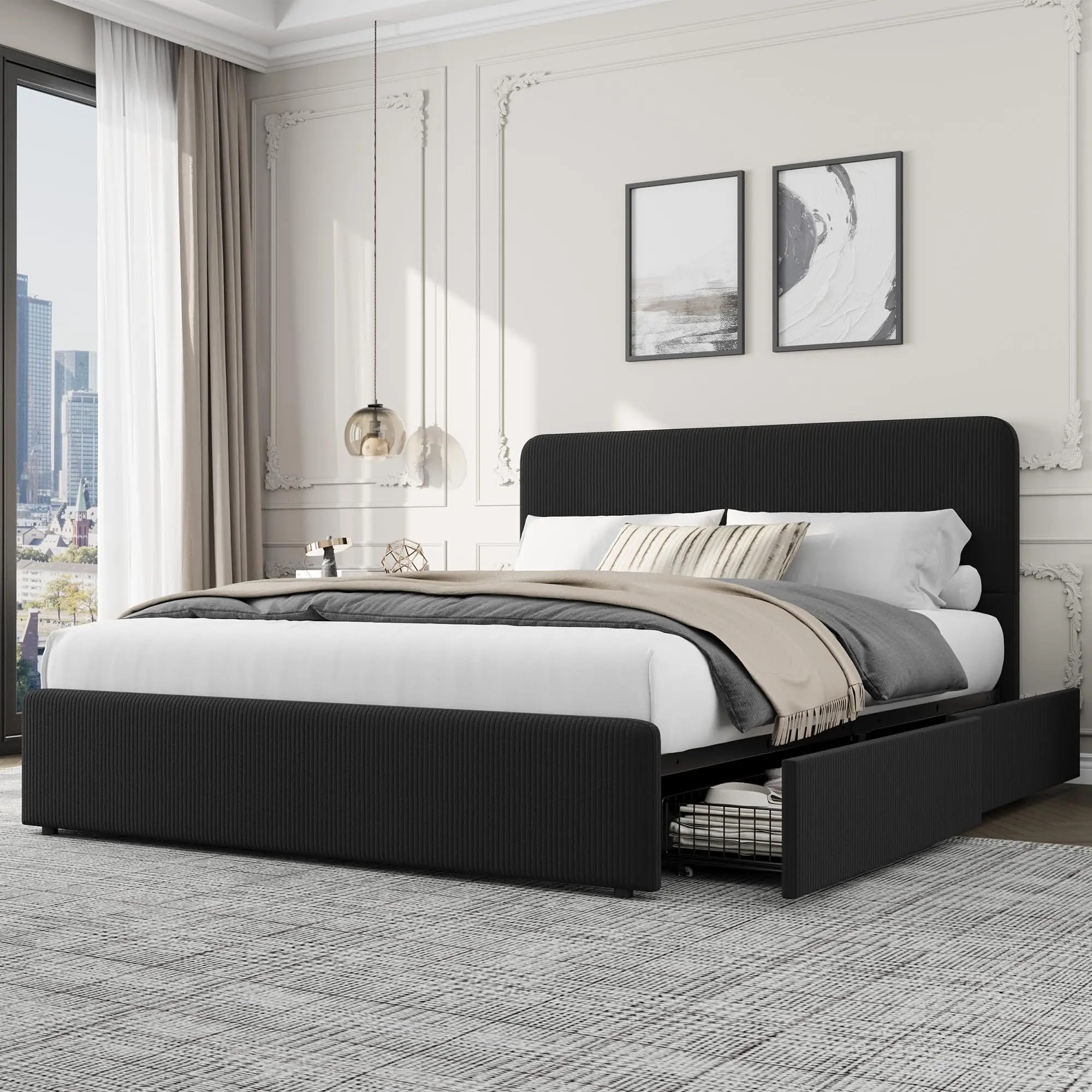 Garvee PU Brown PU Leather Upholstered Bed Frame with Headboard - Full Size Low Profile Platform Bed, Storage Drawers, Wood Slat Support, Silent, Durable, Non-Slip, No Box Spring Needed, Easy Assembly Required, High Load Capacity