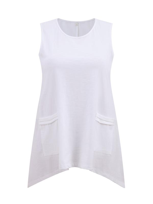 GRACE & GRANDEUR Plus Size Women Scoop Neck Sleeveless Hanky Asymmetrical Hem Top Casual Loose Fit Flowy Tank Tops with Pockets White