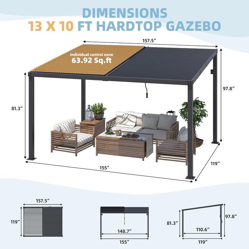 【3 package shipping】AECOJOY 13' x 10' Louvered Gazebo Pergola, 10x13 Outdoor Hardtop Wall-Mounted Lean to Gazebo with Adjustable Metal Rainproof Patio Roof, Pergolas and Gazebos Clearance, Heavy Duty Awnings for Patio