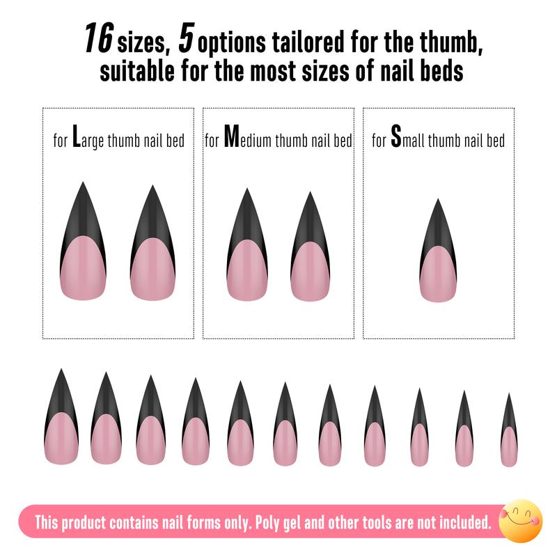 NOVO OVO Black French Tip Sharp Stiletto Pointed Medium Long Nail Tips Press on Berry Pink, Soft Gel Fake Acrylic Extension, Full Cover False Nails for Salon DIY x 16 Sizes 160 pcs【NO GLUE ,TOP COATAND LAMP INCLUDED】