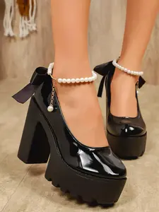 Women's Patent Leather Chunky Heel Platform Shoes, Stylish Elegant Pearl Anklet Bow Single Shoe, Casual Date Versatile Height Increasing Thick Sole