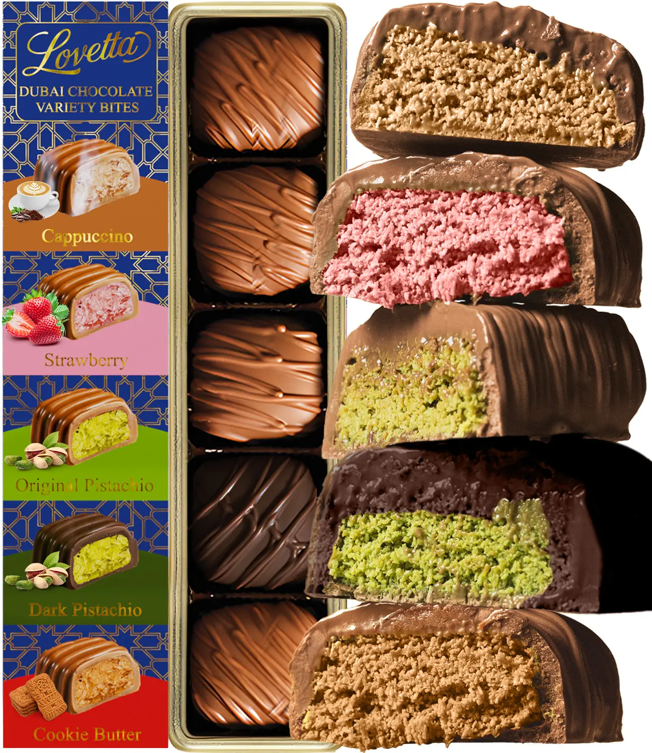 Lovetta Dubai Chocolate Variety Bites – Cappuccino, Strawberry, Pistachio, Dark Chocolate Pistachio & Cookie Butter, Assorted Valentines Day Chocolate Gift, Luxury Cream-Filled Chocolate (5-Piece Pack)