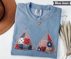 Faux Bikini Top Shirt 4th Of July Patchwork Bikini Shirt Comfort Colors Red White And Blue Bra Shirt Independence Day Festive Top