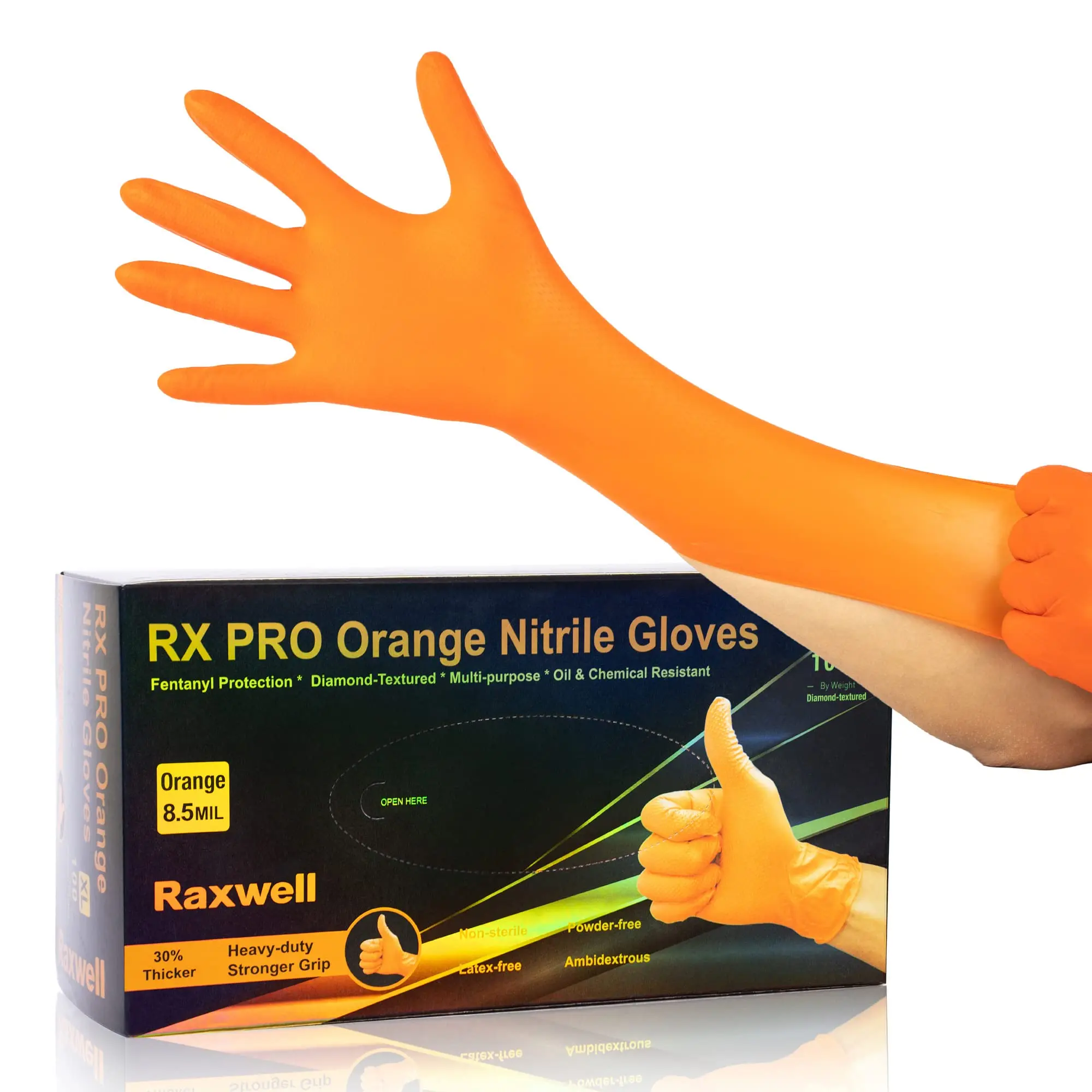 Raxwell Heavy Duty Orange Latex & Powder Free 8.5 Mil Nitrile Disposable Gloves | Diamond Texture, Puncture Resistant, Mechanics Cleaning Glove | Box