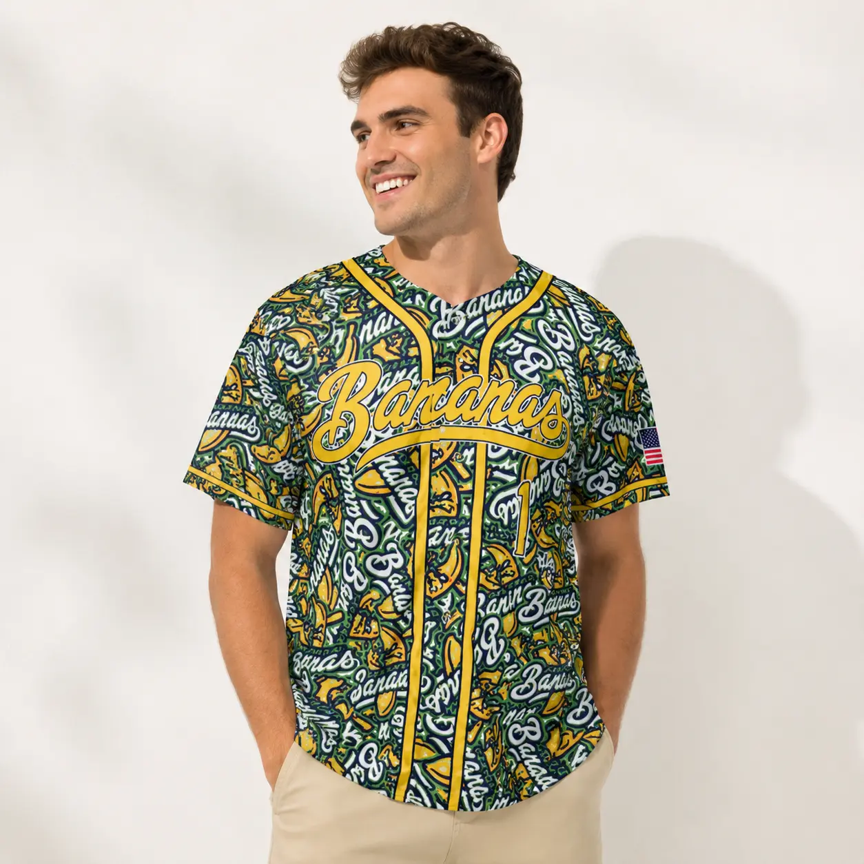 Tropical Banana Print Baseball Jersey, Green Yellow All-Over Graphic Button-Up Sports Shirt, Unisex Game Day Fan Outfit