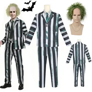 Adult Men Costume Black and White Striped Suit with Wig for Halloween Cosplay Party Outfit Horror Movie Character