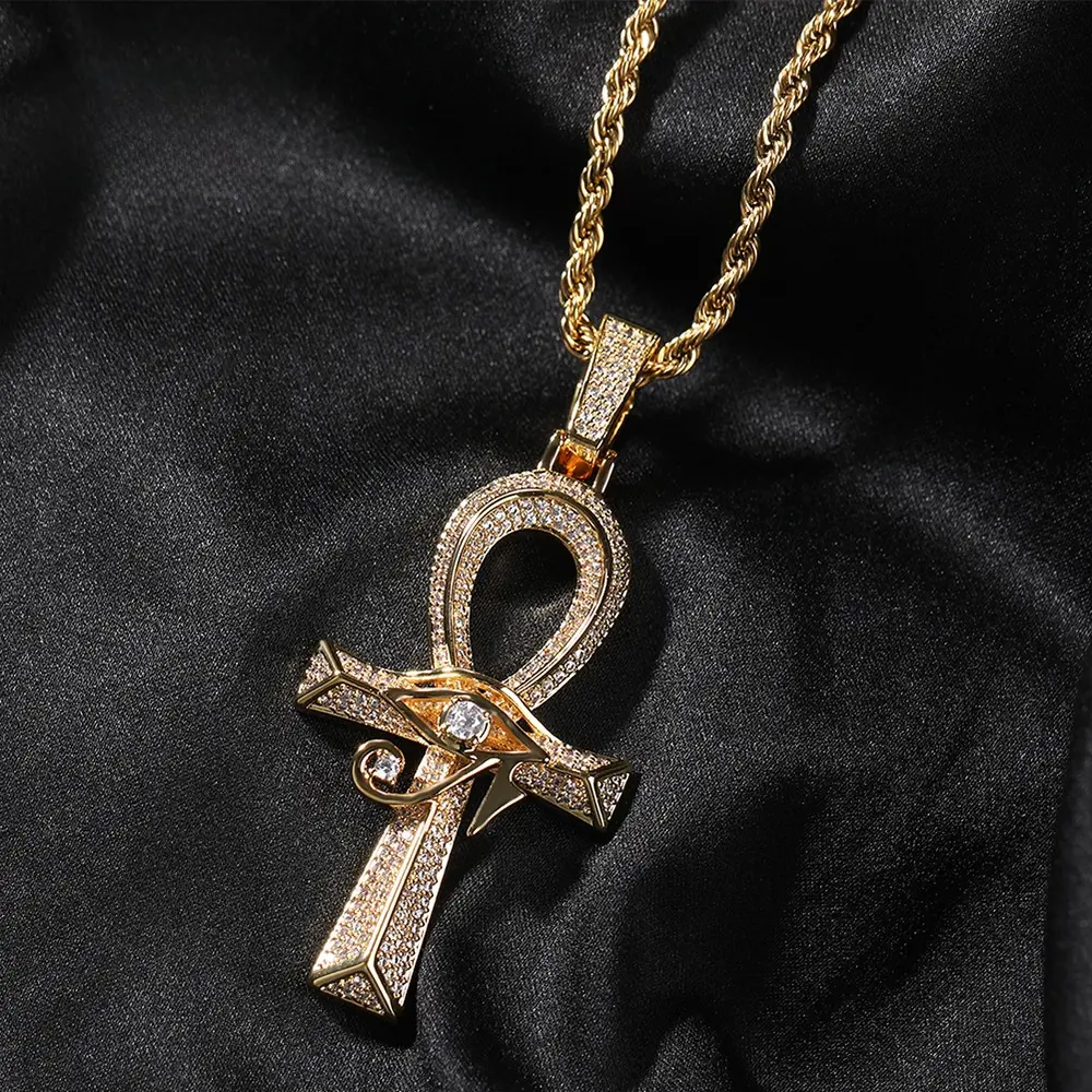 Retro Ankh & Eye of Horus Pendant Necklace, Unisex Diamond-Studded Copper Charm with an Elegant Byzantine Chain, Hypoallergenic & Non-Fading, Ankh Necklace