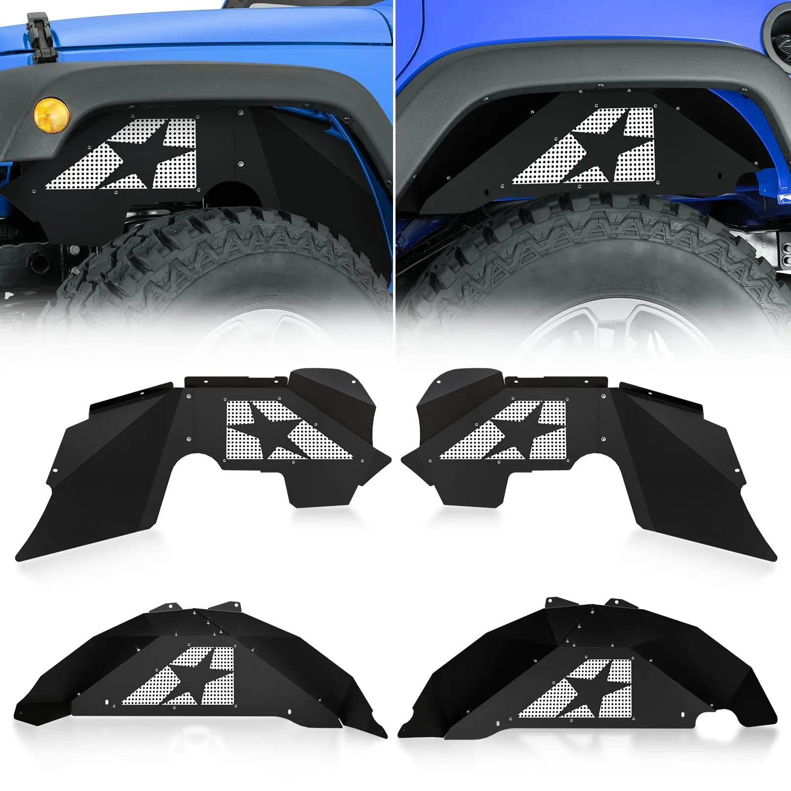【EYOUHZ】4-Pieces Metal Alloy Steel Front & Rear Inner Fender Liners, Debris Guard Wheel Well Covers with Slanted White Star Logo, Effective Protection Against Debris for 2007-2018 Jeep Wrangler JK & JKU 2/4 Doors, 14.33 Kilograms