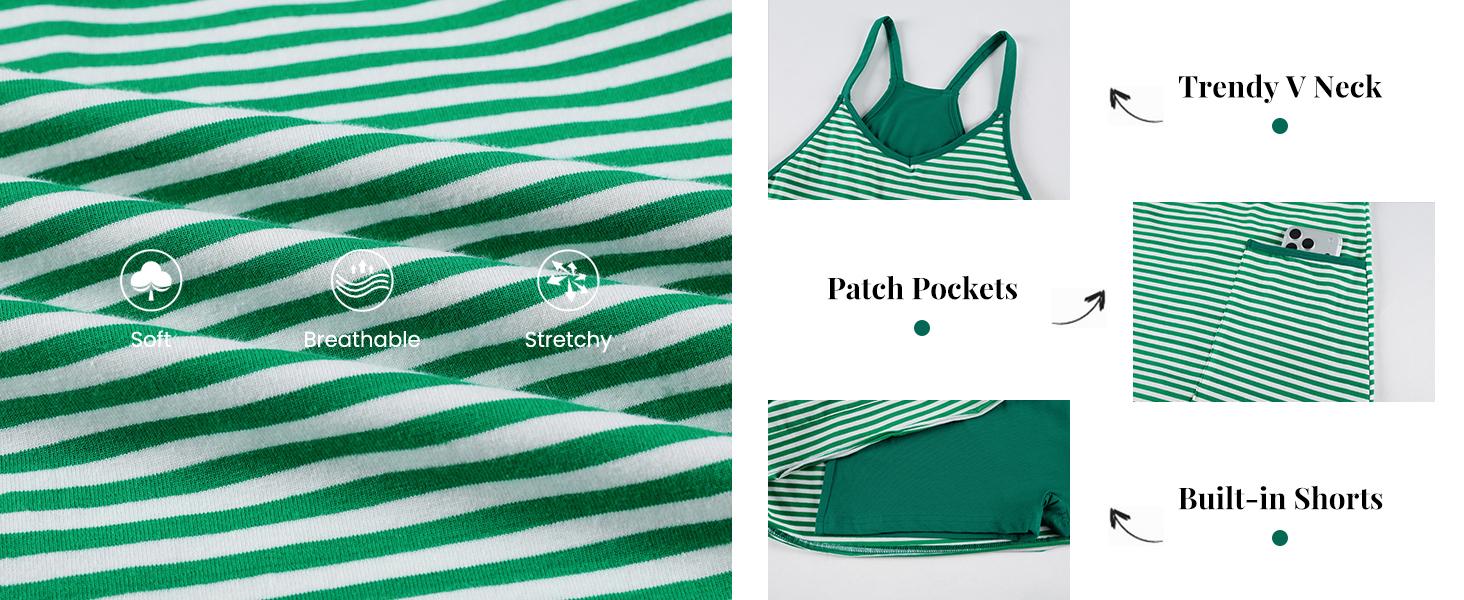 SCUSTY Women's Summer Sleeveless Striped Mini Dress with Built-in Shorts V Neck Spaghetti Straps Athletic Shorts Tennis Dress with Pockets