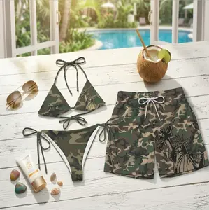 Hot Summer 2026 Matching Couple Swimwear Set, Green Camo Liberty Graphic Bikini Set & Men Hawaiian Beach Shorts