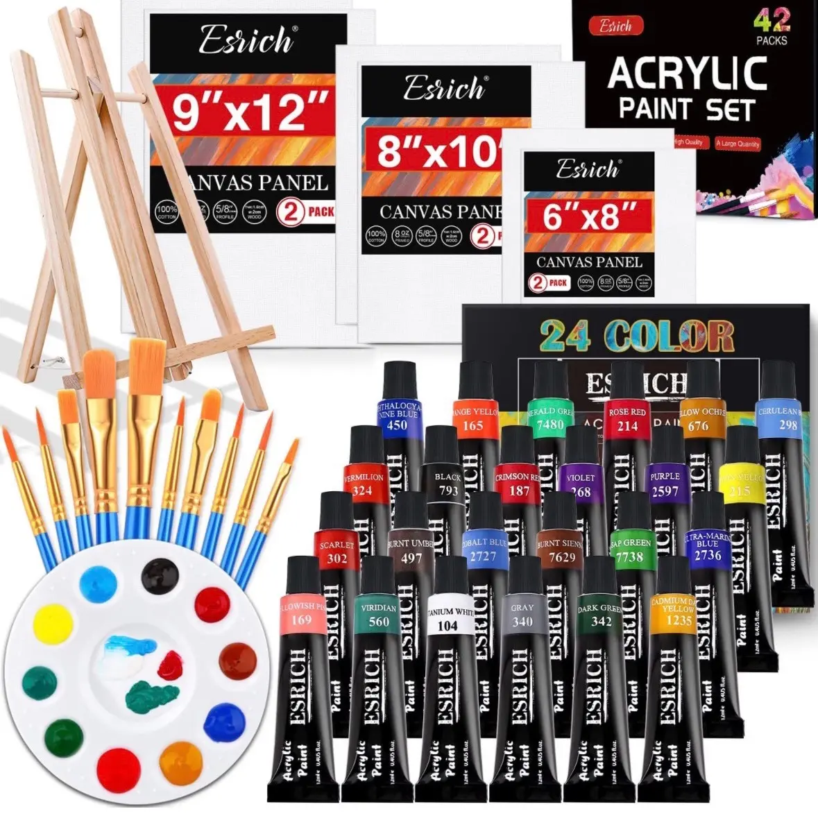 ESRICH Acrylic Paint Canvas Set,42 Piece Professional Premium Paint Kit with 1  Wood Easel,24Colors,10 Brushes,6 Canvases, Painting Supplies Kit for Kids,Students, Artists and Beginner