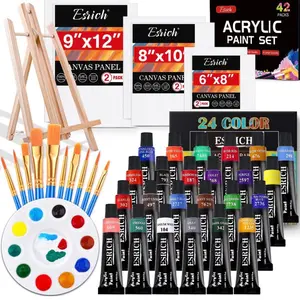 ESRICH Acrylic Paint Canvas Set,42 Piece Professional Premium Paint Kit with 1  Wood Easel,24Colors,10 Brushes,6 Canvases, Painting Supplies Kit for Kids,Students, Artists and Beginner