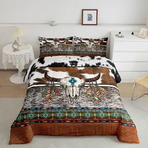 Longhorn Skull Bedding Sets,Southwestern Native Western Comforter Set,Ethnic Tribal Aztec Quilt,Bull Cattle Cow Print Cowhide Duvet Insert