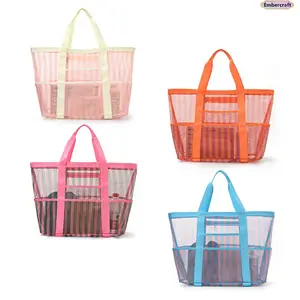 Striped Mesh Beach Tote Bag for Women, Large Capacity Lightweight Vacation Bag with Multi-Pocket Storage, Coastal Travel Tote for Beach, Pool, Resort & Summer Getaways outdoorfun