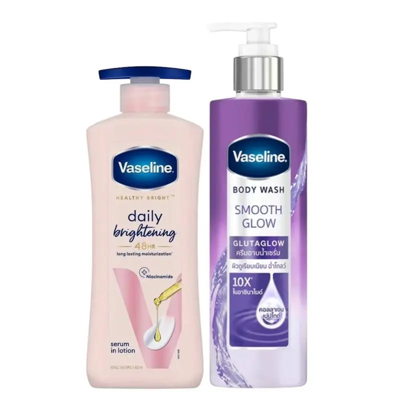 Vaseline Limited Edition Body Care Set - 400ml Daily Brightening Lotion, Smooth Glow Body Wash, Hydrating Moisturizer for Dry Skin with Repair, Soothing, Selfcare & Skin Health Benefits Serum, Sets