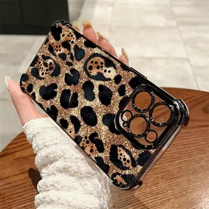 Compatible with iPhone 16 Pro Max /15/14/13/12 Phone Case leopard print pattern Pattern Electroplating luxury transparent four corner anti drop and shockproof phone case NHD32-11