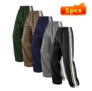 Men’s 5-pack side-striped wide-leg pants, elastic waistband, drawstring closure, soft and durable material, relaxed fit, three-color combo set—ideal for casual activities, outdoor sports, travel, running errands, street style, and loungewear.
