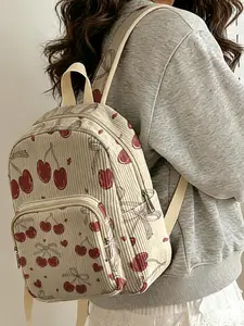 1 piece of lady's two-shoulder bag with 2D printed cherry pattern, chenille texture + layered storage + light weight reduction | Perfect for students going to class/shopping/short trips | Combines atmosphere with practicality