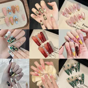 Clearance Kallfrane handcrafted wearable press-on nail design — premium 3D stereo, easy to apply and remove, floral ocean theme with zircon cat-eye glitter nails Sparkly Rhinestone