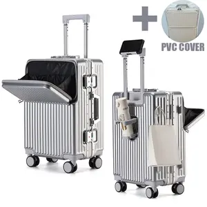 20 Inch Carry On Luggage With PVC Cover PC+ABS Aluminum Frame Zipperless Luggage Front Opening Hard Shell Suitcase with Cup Holder、Mobile phone stand Double Spinner Wheels