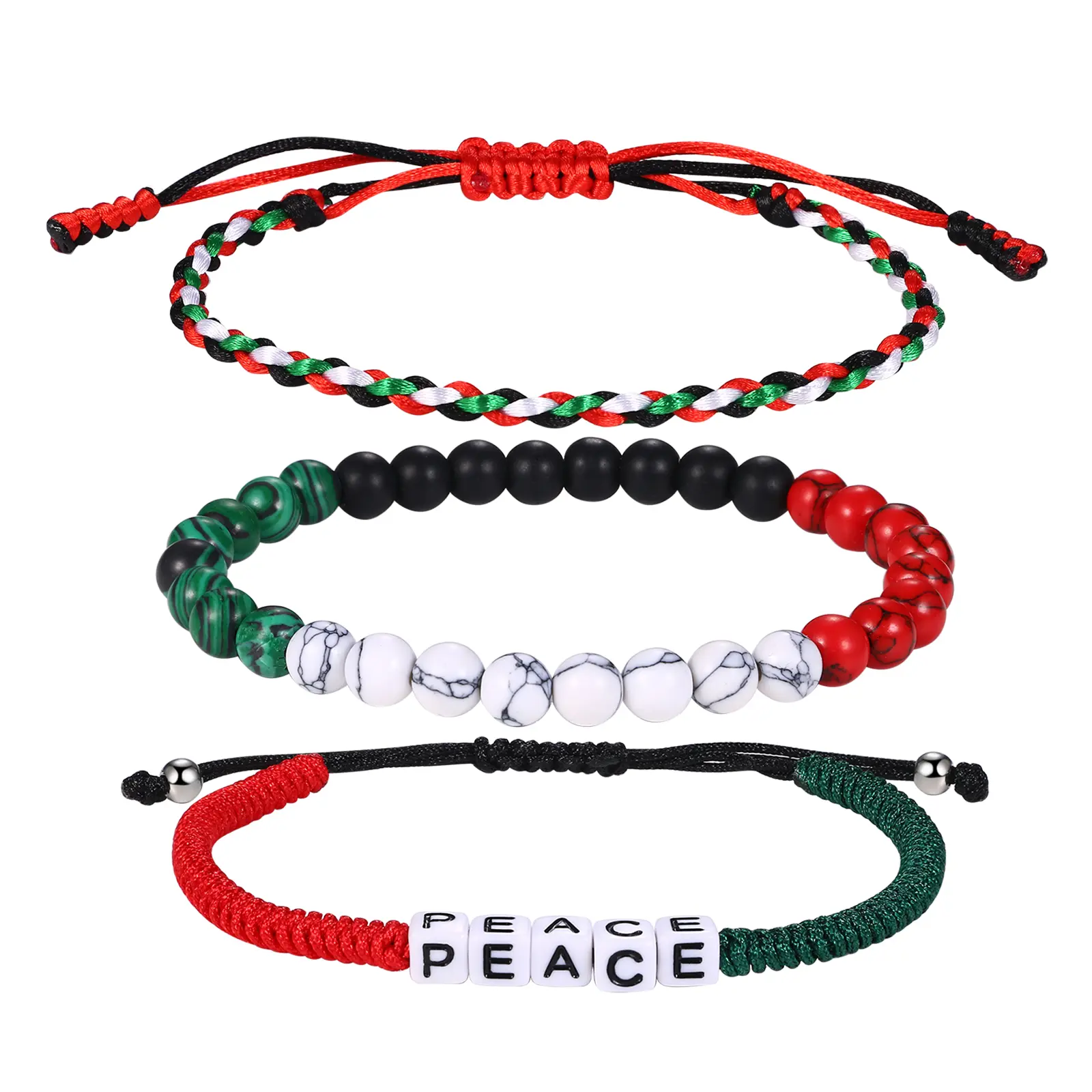 OIDEA 3-Piece Palestine Flag Exquisite Trendy Bracelet Set, Boho Handmade Braided Rope Beaded Stretch Bangles, Adjustable Layered High Quality Costume Jewelry, High Quality Bracelet, Fashionable Bracelet
