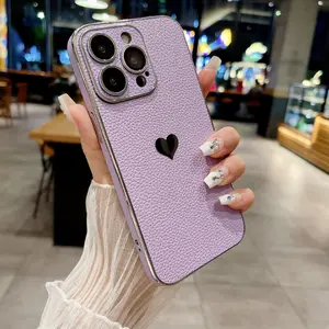 Luxury Solid Color Leather Plating Border Love Logo Phone Case For iPhone 16 Pro Max 14 11 12 13 15 Pro Max Bumper Back Cover