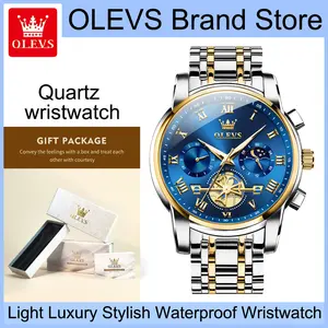 OLEVS 2859 Men's Quartz Watch, Two-Tone Gold Silver Stainless Steel Bracelet, Elegant Blue Roman Numeral Dial with Luminous Hands & 24H Display, 3ATM Water Resistant Business Sports Dress Wristwatch, Ideal Birthday & Anniversary Gift for Husbands and Sons