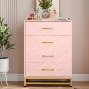 4-Drawer Modern Wood Dresser, Wide Drawers with Metal Handles, Pink for Bedroom