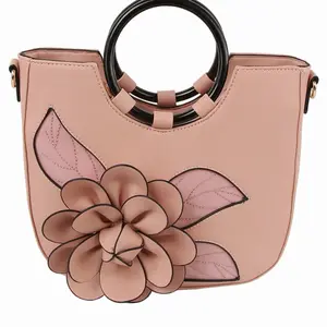 Elegant Floral Design Handbag with Black Circular Handles and Pink Color Scheme for Women