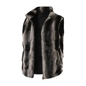 Men's Gray Faux Fur Stand Collar Vest Zip-Up Warm Casual Sleeveless Jacket for Winter Woven Material