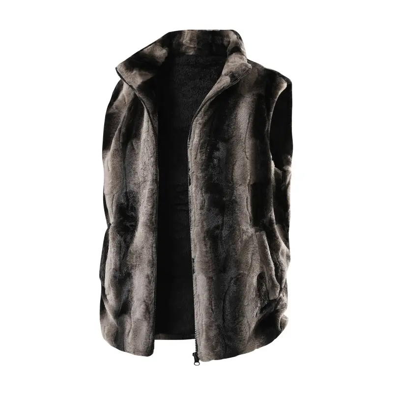 Men's Plain Gray Faux Fur Stand Collar Sleeveless Gilet - Zip-Up Woven Menswear, Faux Fur Details, Keep Warm for Winter Casual Wear