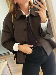 Vintage Elegant Women's Fall Winter Jacket, European and French Style, Casual Fitted Long Sleeve Wool Blend Coat with Pockets