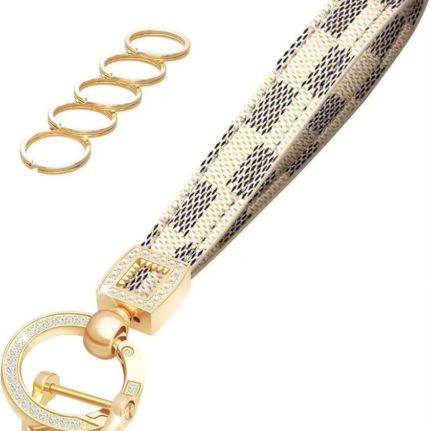Webbing Lanyard Keychain with Gold Rectangular Rhinestone Swivel Anti-Loss Charm – Unisex Key Ring/Clasp