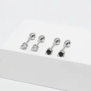 Diamond Screw Back Earrings, S925 Sterling Silver & Gold & Rose Gold Studs, 3mm 4mm CZ Clear or Black Stones Unisex Cartilage Earrings for Multi Piercings Stackable Minimalist Comfort Birthstone Jewelry Gift Gifts for Her Him Girls Kids Adults Mom