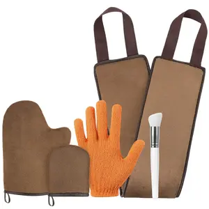 5 Piece Soft Tanner Mitt Set with Exfoliating Glove, Back Lotion Applicator, Face Makeup Brush, Mini Finger Face Self Tanner Mitt for Lotions, Mousses,Creams