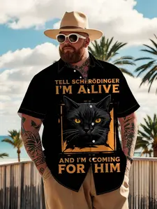 Large Size Men's Schrödinger's Cat Fun Print Shirt, Summer Loose Fit Breathable Short Sleeve Top, Casual Fashion for Plus Size