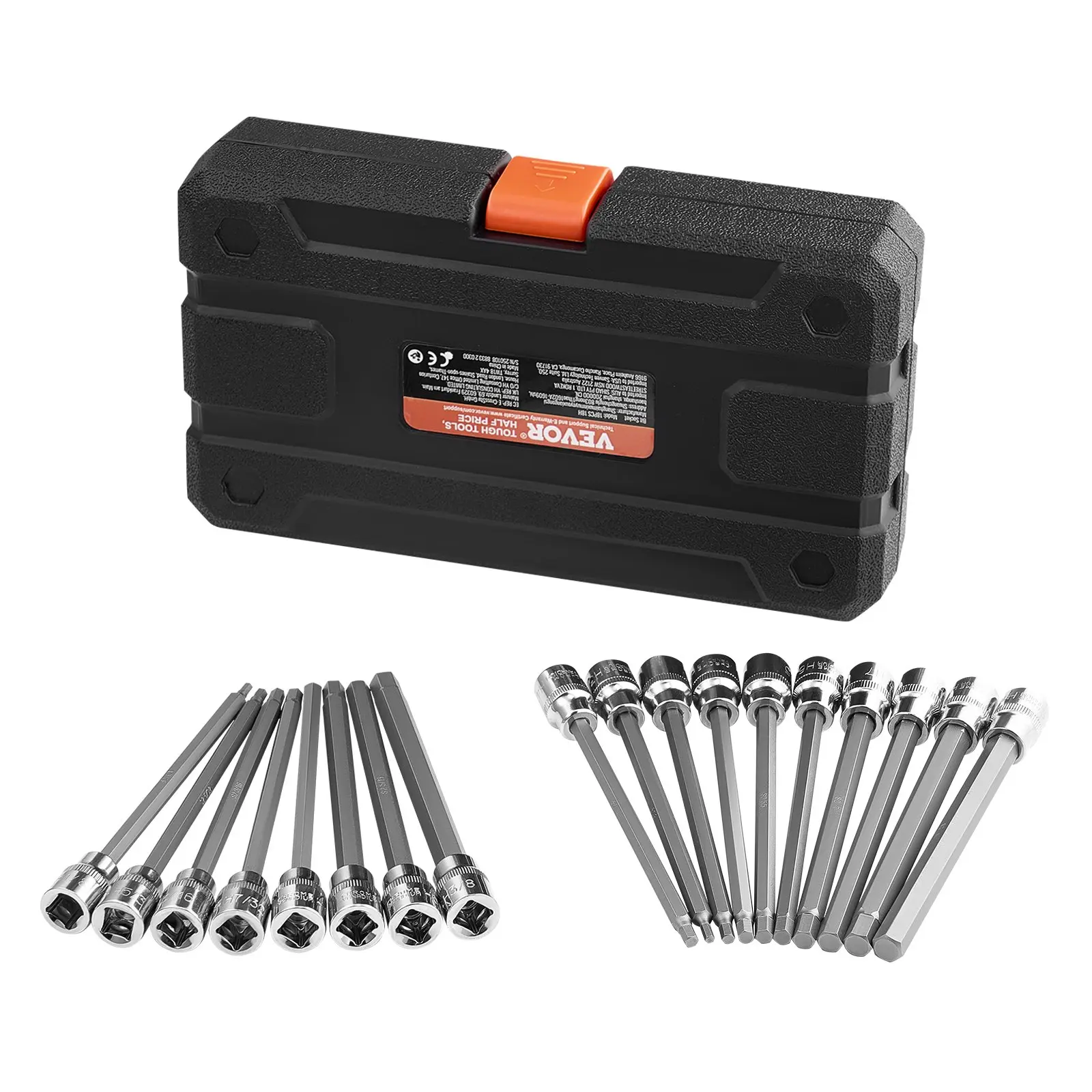 VEVOR Socket Set, 18-Piece Extra Long Allen Hex Bit, 3/8-Drive S2 & CR-V Alloy Steel, 1/8-3/8-inch SAE & 3-12mm Metric, 6-inch Drop-Proof Bits