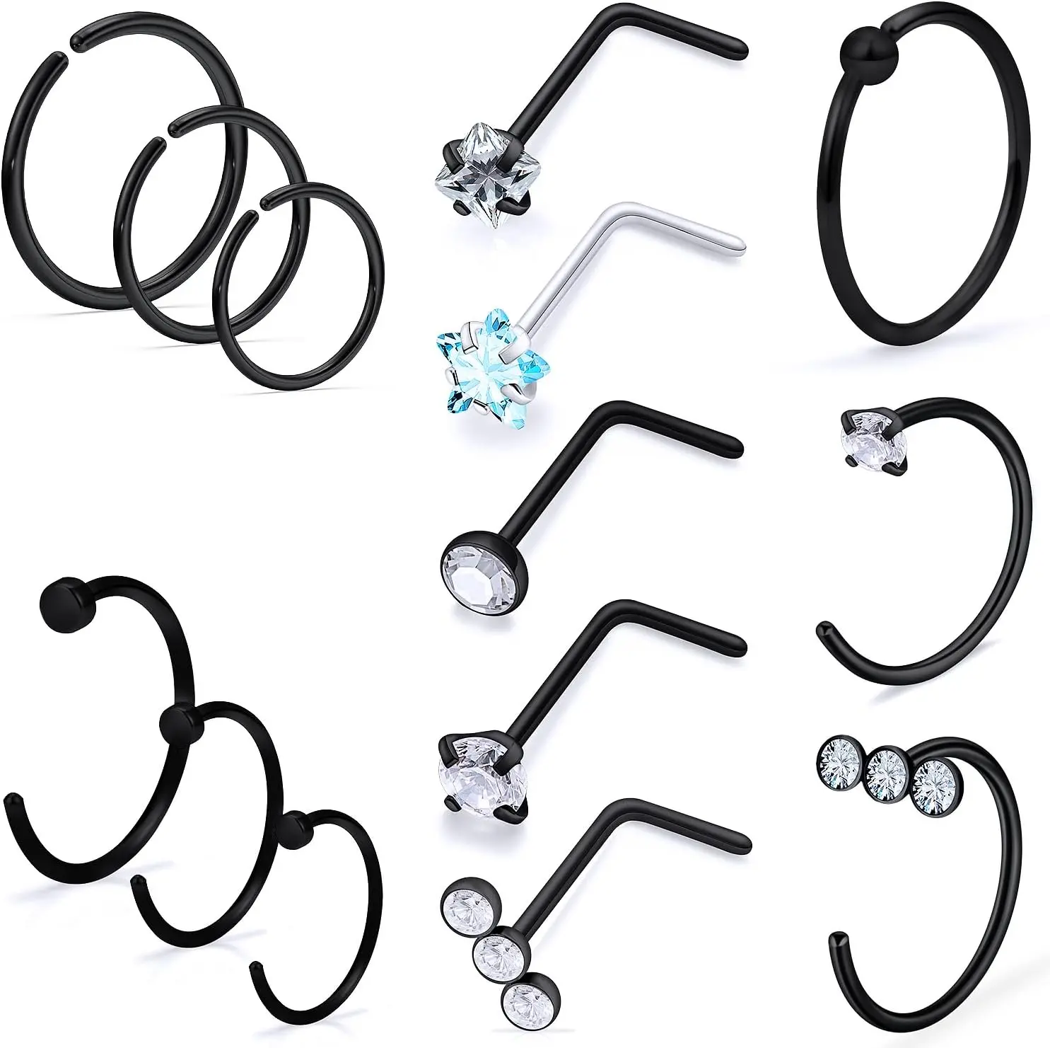 20g Nose Rings Hoops L Shaped Studs /Black/Rainbow Piercings  for Women  Surgical Stainless Steel