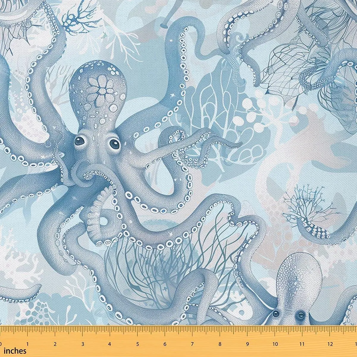 Blue Octopus Fabric Watercolor Cartoon Wild Sealife No Stretch Sewing Fabric Seaweed Plants Ocean Themed Soft Flannel Polyester Fabric Quilting Handmade Artwork Pre-Cut