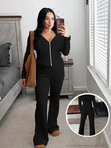 USBoutique Chic Women's Solid Black Drawstring Zip Up Hooded Top & Foldover Trousers Two Piece Set Fall & Winter Casual Co-ord Outfits