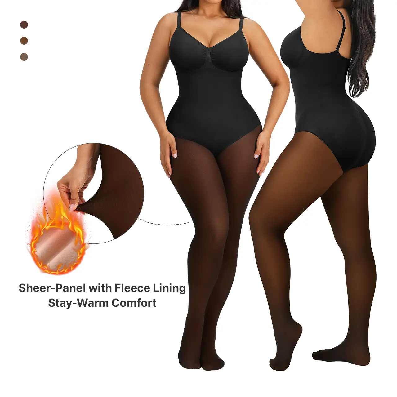SHAPELLX CozyShape Sheer-Panel with Fleece Lined Tights Stay-Warm Tummy Control Sheer Effect Tights Bodysuit