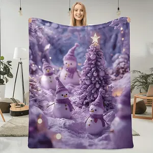 Festive Purple Snowmen and Christmas Tree Flannel Blanket Comfortable AllSeason Cozy Throw for Sofa and Naps Perfect for Holiday Decor