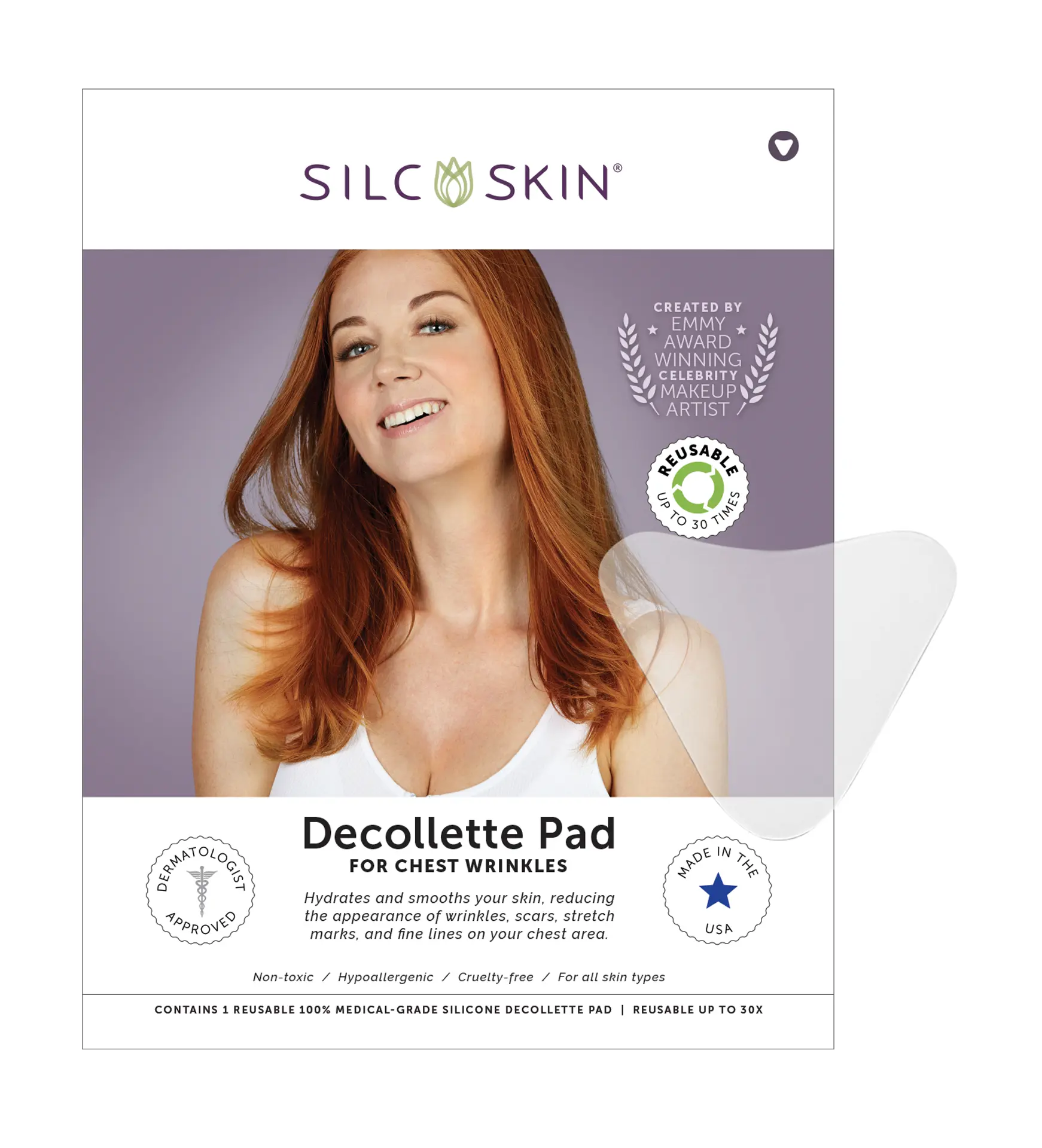 Silc Skin Decollette Pad - Reusable Self-Adhesive Overnight Chest Patch, Made with Medical Grade Silicone, Smooths Fine Lines and Stretch Marks, 1 Pad