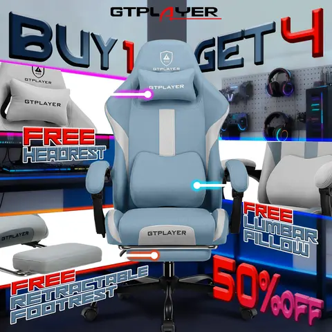 【Buy 1 Get 4】GTPLAYER Sturdy Gamer Chair - Adjustable Ergonomic Chair with Footrest to Rest, Fabric Blend Office Computer Furniture, Pocket Spring Seat, Memory Foam Softens Pressure Lumbar Support, High-Back