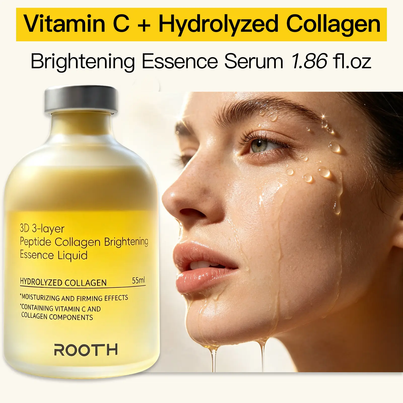 ROOTH 3D 3-Layer Peptide Collagen Essence Serum (1.86 fl.oz) - Vitamin C Brightening, Firming Facial Treatment with Hydrolyzed Collagen for Glowing, Smooth Skin | Daily Morning Skincare