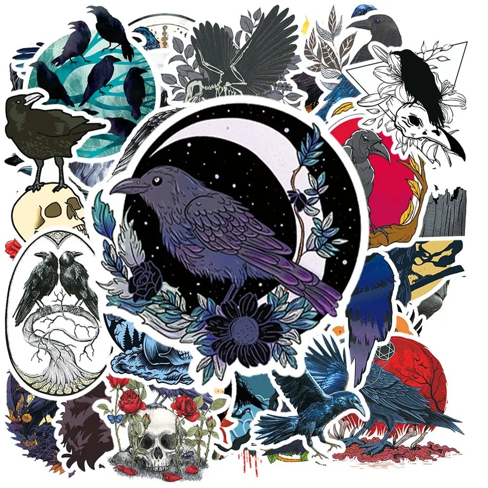 50 Pcs Gothic Raven Crow Stickers, Dark Witchy Skull Moon Floral Decals, Waterproof Removable Vinyl Stickers for Car Window, Helmet, Laptop, Water Bottle, Skateboard, Suitcase, Gifts for Teens Gothic Horror Lovers #RavenStickers #CrowStickers
