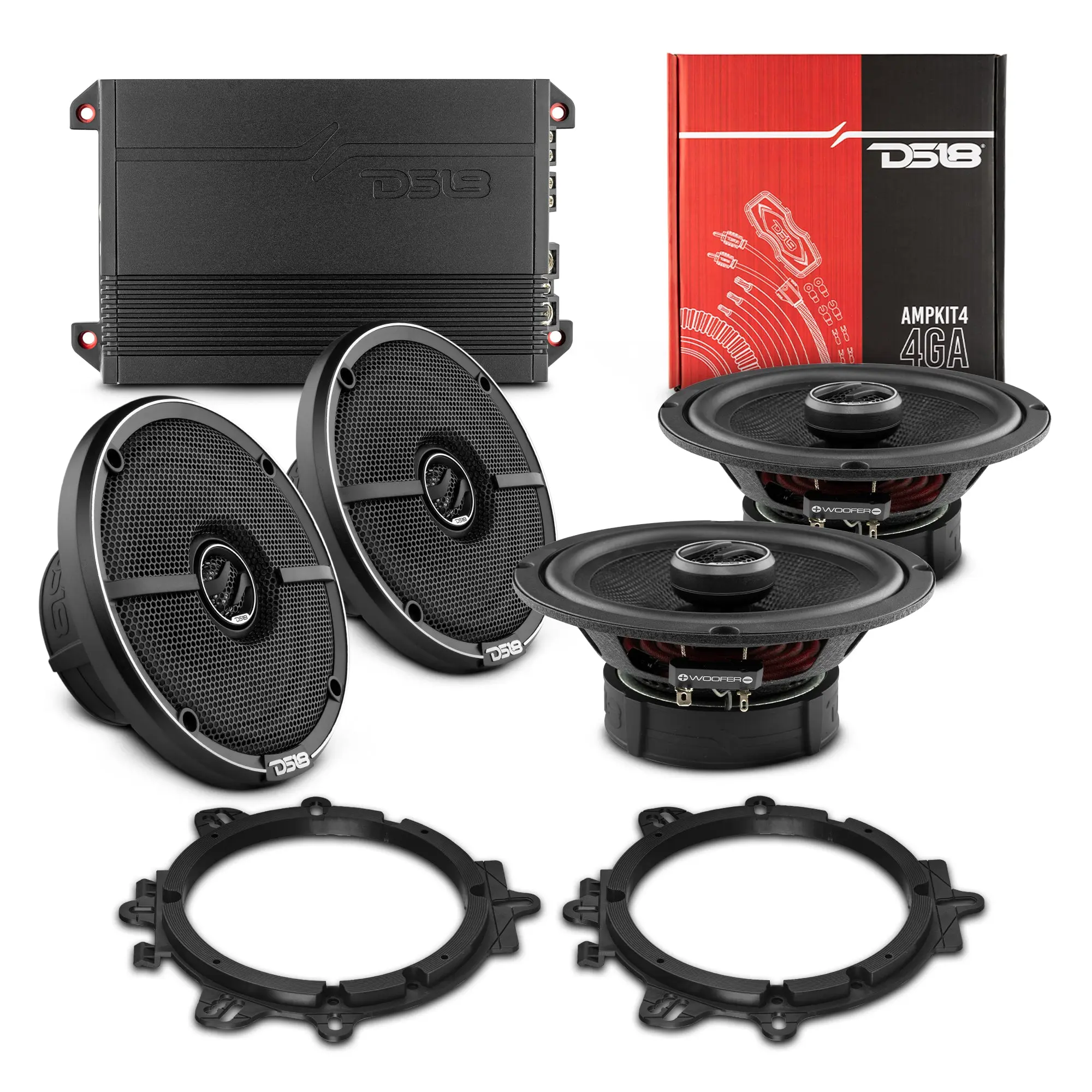 Car Audio Package: 6.5" Coaxial Speakers with OEM Speaker Adapters, Amplifier, and Installation Kit