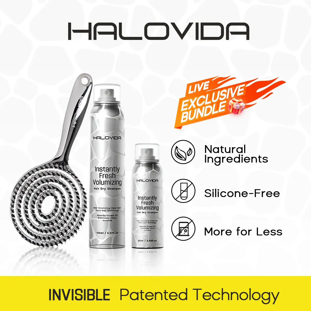 [Live exclusive bundle]HALOVIDA Hair Dry Shampoo 150ml/ 60ml /HaloFlex Spa Brush summerwins