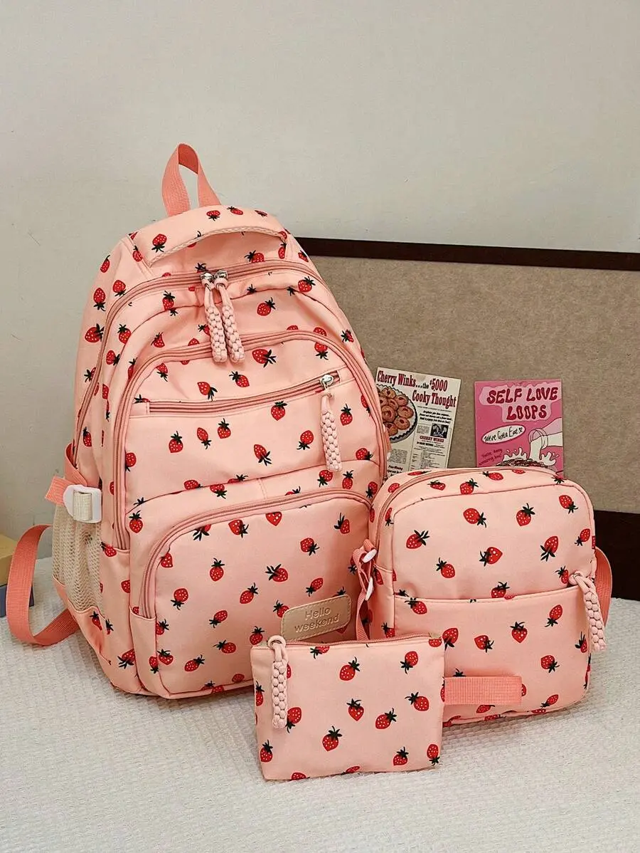 3pcs Set Solid Color Nylon Casual Fresh Style Strawberry, Bow, Cherry Print Jacquard Zipper Closure Large Capacity Foldable Multi-Pocket Backpack Set, Suitable For Women Daily Matching, College Students, Training, School, Shopping, Travel